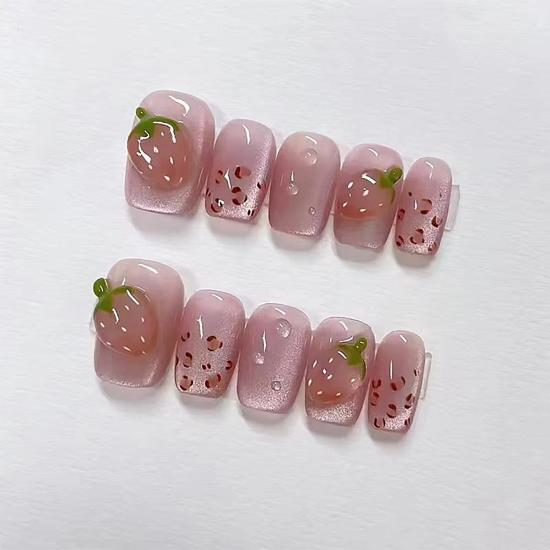 10Pcs Strawberry Sweetheart Cat Eye Handmade Press On Nails Removable Wearable Nail Art For Women And Girls