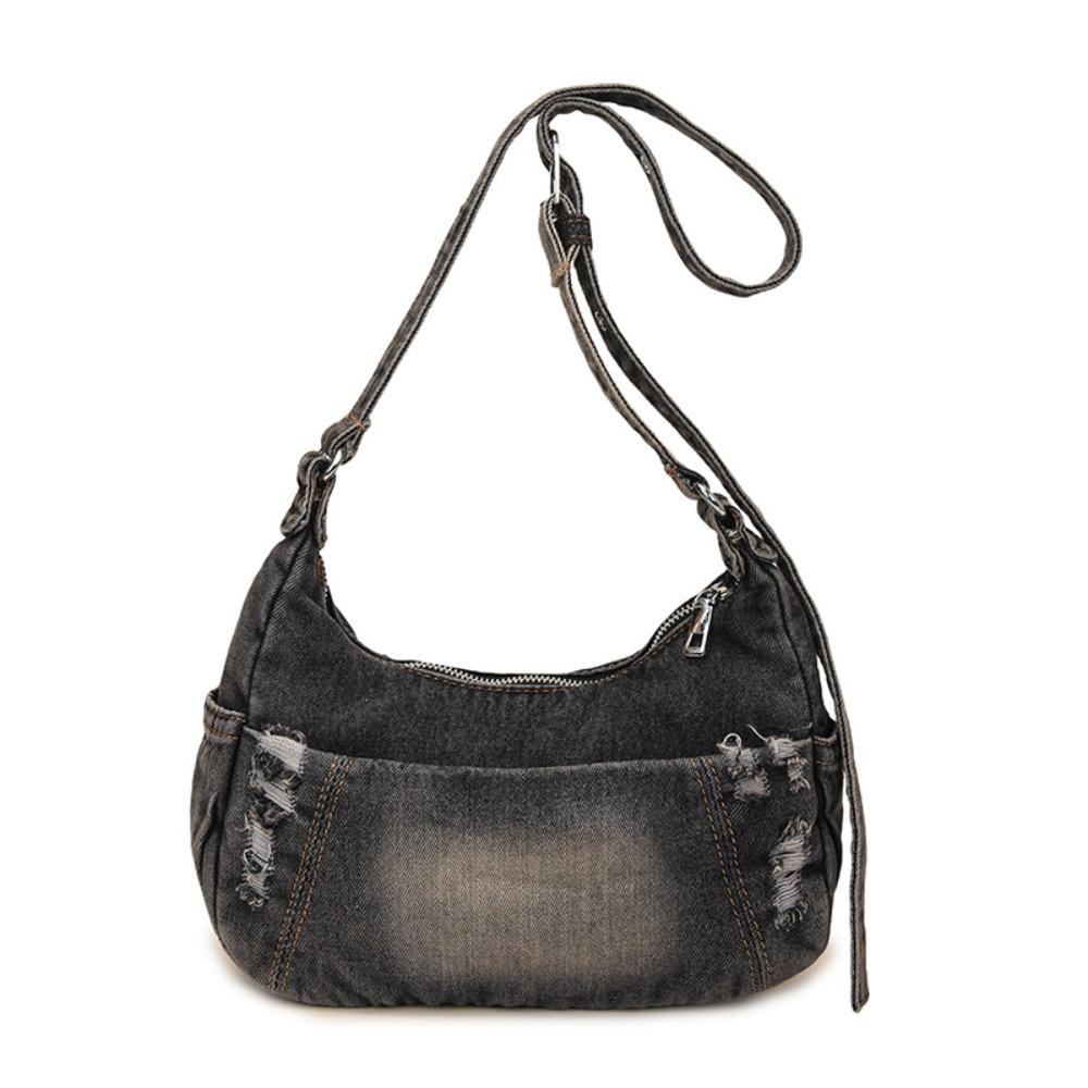 

Регулируемый ремешок Сумка-пельмень ковбоя Повседневная сумка Модная джинсовая сумка-тоут Для поездок на работу чёрный