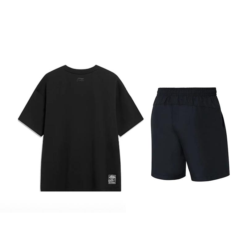 Li-Ning Letter Comfortable Simple Pullover Loose Short Sleeve Top Versatile Breathable Mid Waist Shorts Casual Sports Suit YHSU207-1+YKST119-1