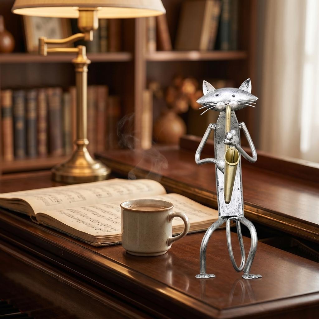 Metal Cat Figurine Playing Saxophone Unique Home Decor Sculpture Music Lover Gift Decorative Art Piece for Indoor Display