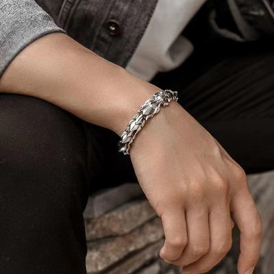 Vintage S925 Silver Bangle For Men Jewelry Fashion Dragon Bone Bracelet Male Personality Buddhist Scripture Wrist Accessories