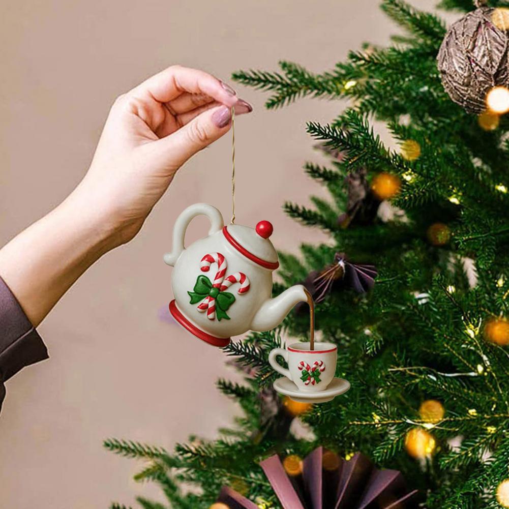 Christmas Teapot Ornament Vintage Christmas Tea Cup And Pot Hanging Decor with Pouring Tea Effect Gift for Tea Lovers