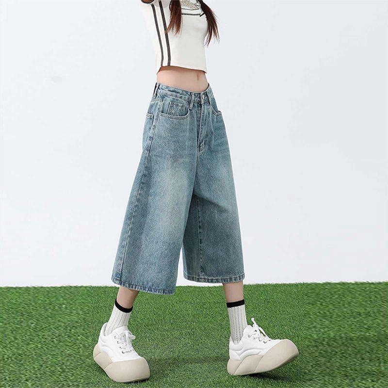 Women s American Retro Washed Denim Shorts - Distressed, Loose, Wide Leg, Mid-Length M