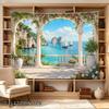 2D Flat, 1pc 2D Flat Tapestry View from Mediterranean Terrace Overlooking Azure Sea with Sailboats and Cliffs, 2D Flat