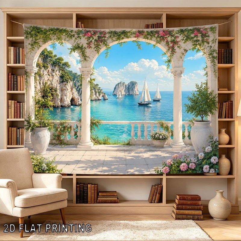 2D Flat, 1pc 2D Flat Tapestry View from Mediterranean Terrace Overlooking Azure Sea with Sailboats and Cliffs, 2D Flat