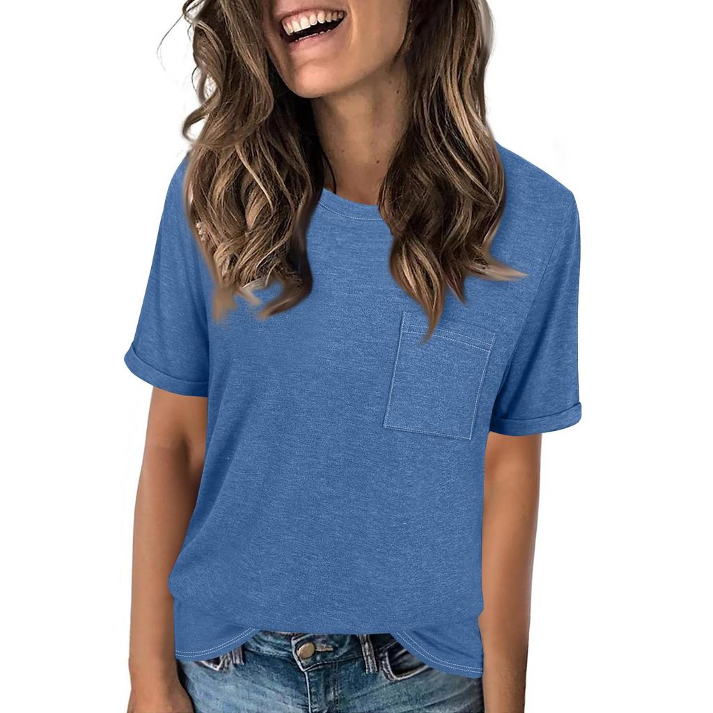 26-3-14-Women's Fashion Round Neck T-Shirt Solid Color Loose-Fit Short Sleeve Top2101