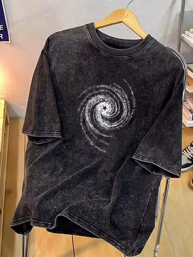 

Vintage Distressed Spiral Galaxy Print TShirt Retro Washed Casual Short Sleeve Tee for Men Women Streetwear S