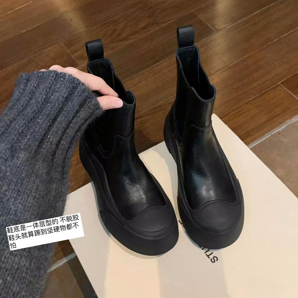 Verze ovčí kůže~ vnitřní zvýšení výšky 7 cm tenké kozačky krátké kozačky dámské kožené na silné podrážce Chelsea kozačky muffin Martin kozačky kotníkové kozačky