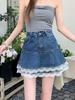 Women's High-Waisted Lace Patchwork Denim A-Line Mini Skirt - 2025 Summer Slimming Layered Design