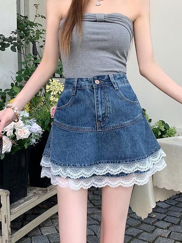 Women's High-Waisted Lace Patchwork Denim A-Line Mini Skirt - 2025 Summer Slimming Layered Design