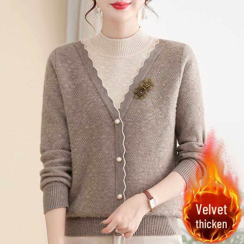 Women's Winter Knit Sweater with Fleece Lining, Faux Two-Piece, Thickened & Warm