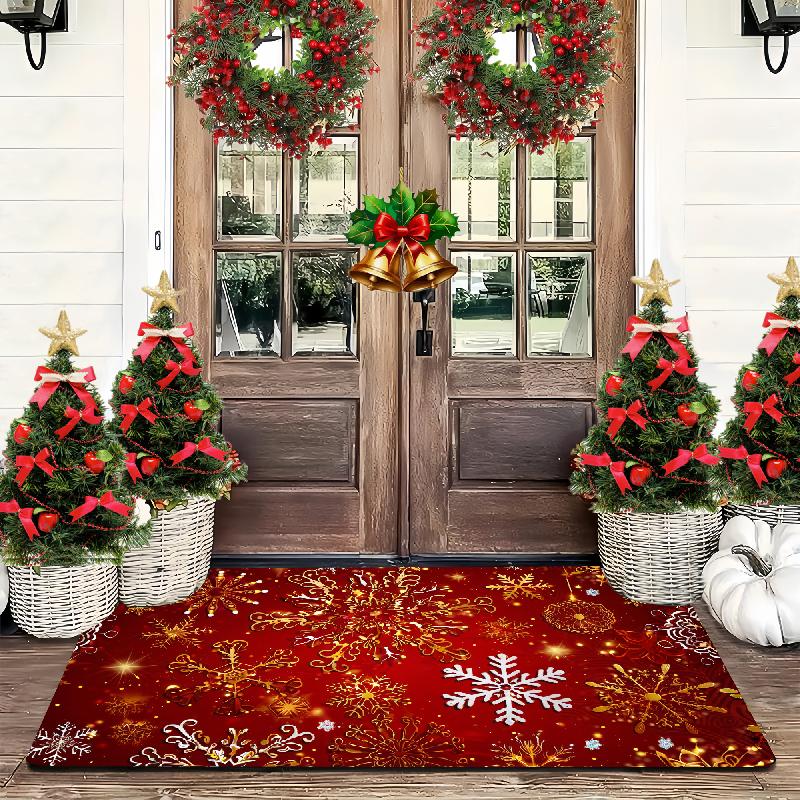 1pc Festive Snowflake Welcome Doormat - Indoor/Outdoor Polyester Flannel Mat with Golden & White Snowflake Design, Ideal for Kit