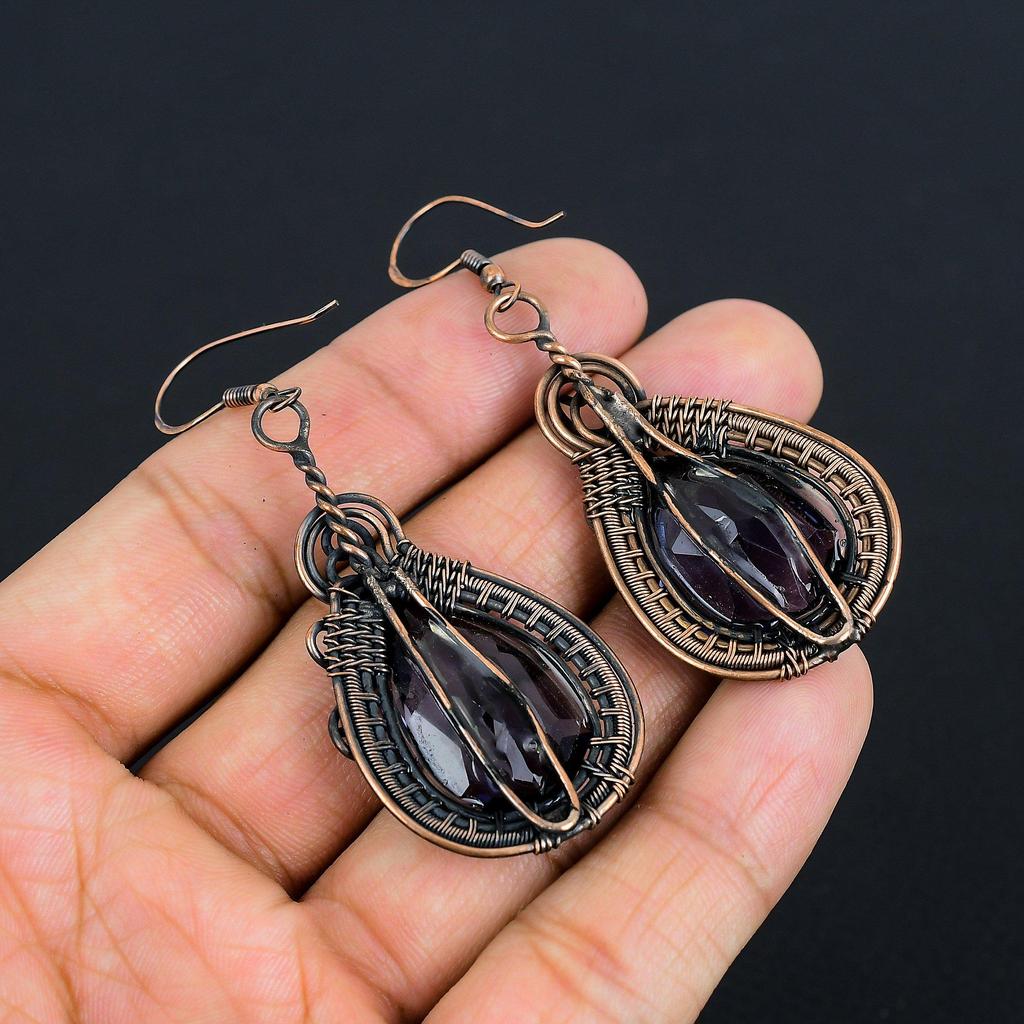 Amethyst Earrings Gemstone Jewelry, 999 Copper Wire Wrapped Earrings, Gift For Women Handmade Earrings