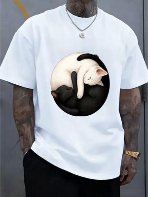 White Yin Yang Sleeping Black White Cat Graphic Unisexs Short Sleeve T Shirt Crew Neck Gentle Animal Casual Daily Soft Comfort Top