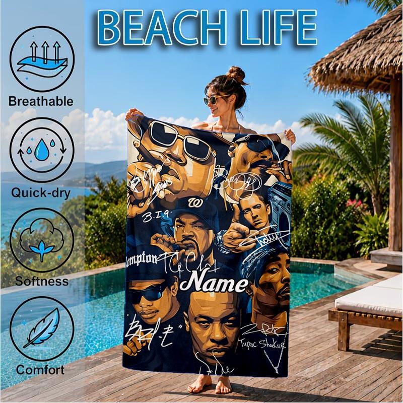 Custom Name Rap Legends Collage Heart In Space Adventure Microfiber Beach Towel, Lightweight for Summer Travel, Swimming Pool Fan Gift