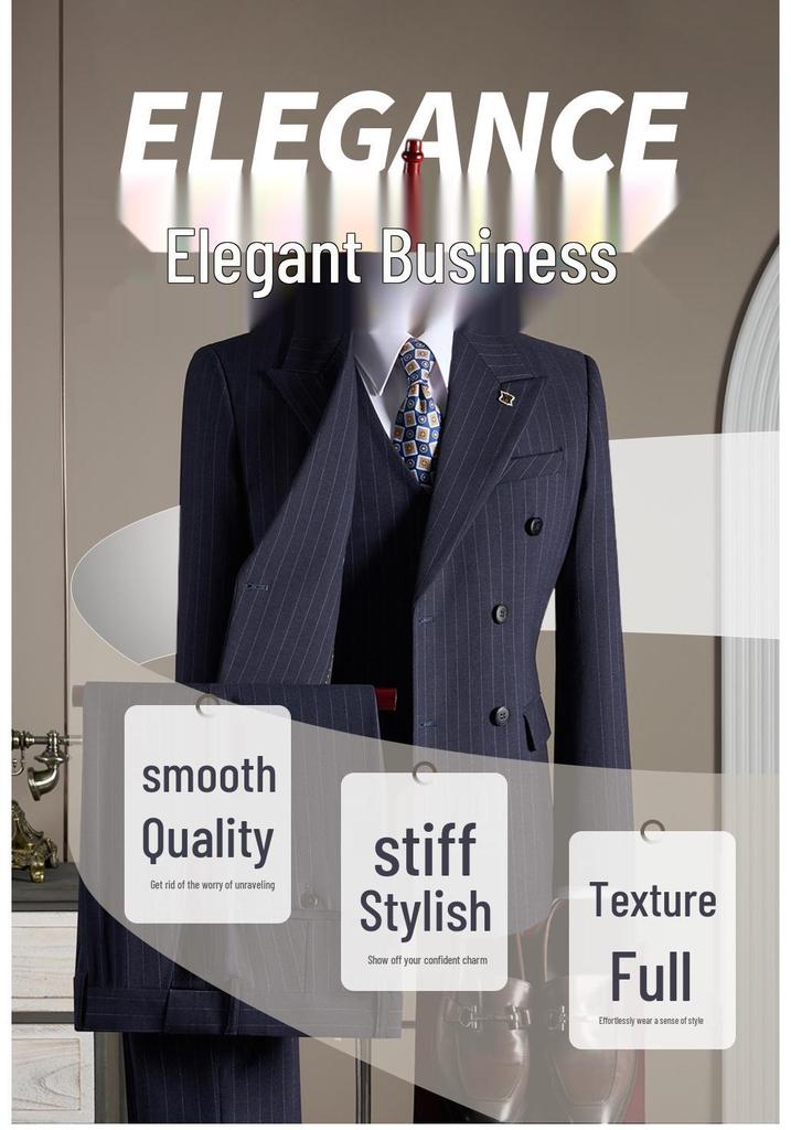 2025 Men's High-Quality Striped Double-Breasted Three-Piece Suit with Peak Lapel