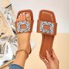 Women Slippers Square Head Flat Shoes Solid Color Lightweight Sandals Korean Style Open Toe Slippers Rhinestone Slides Women