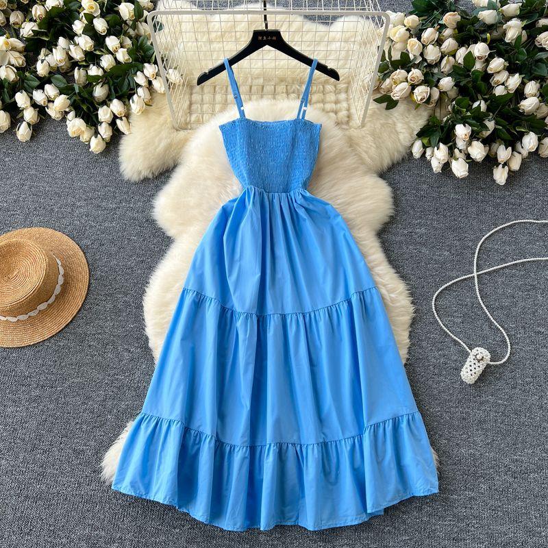 Sling Dress Women's 2024 Summer Dress New Arrival Elastic Tight Waist Slim Looking Sleeveless Tube Top Ruffles Long Dress