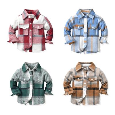 Autumn Boys' Jacket Korean Version New Children's Neutral Plaid Turn-Down Collar Brushed Long Sleeve Top Trendy Short Cardigan