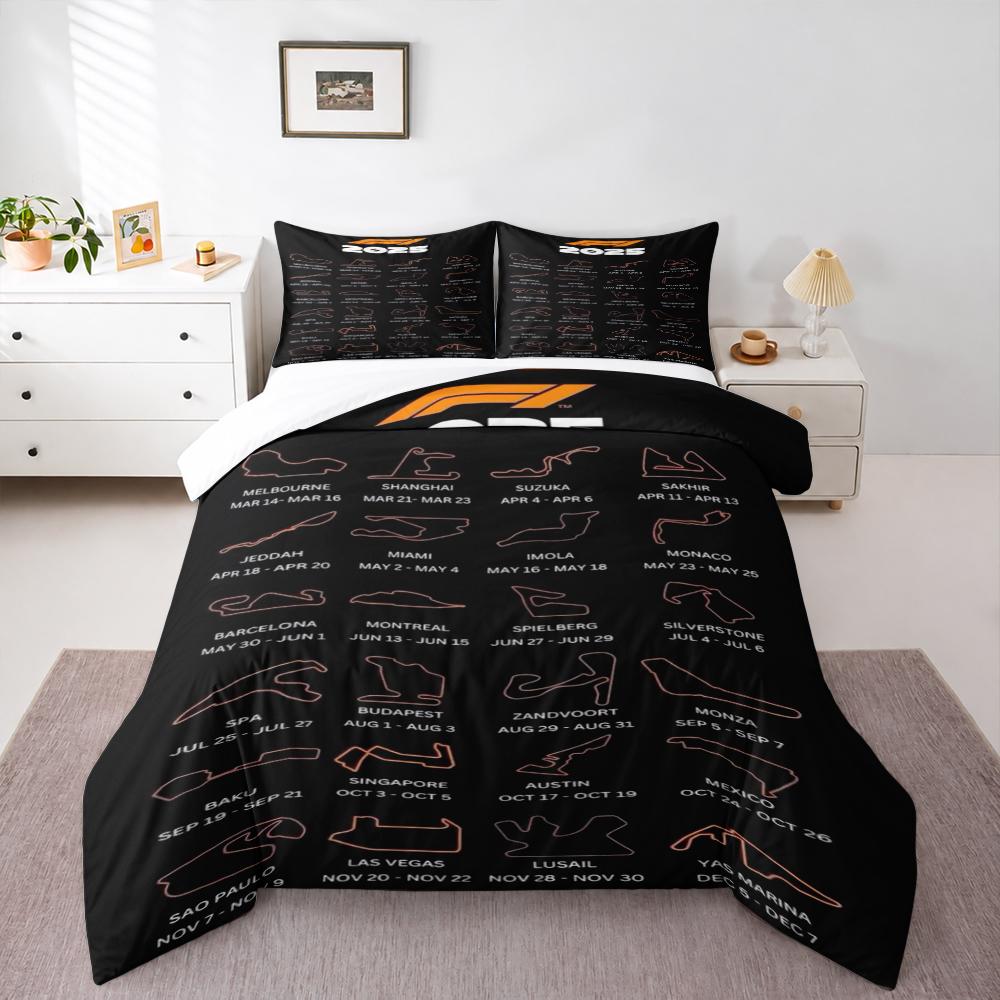 F1 2025 Race Calendar All Circuits Bedding set (1 duvet cover, 2 pillowcases, duvet not included), Orange Track Outline Poster Art Print