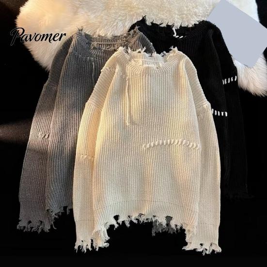 Hip HopSweater Men Fall Winter Sweater Ripped Tassel Solid Color Fringe Round Neck Long Sleeve Knitted Mid Length Loose Soft Warm Pullover Women