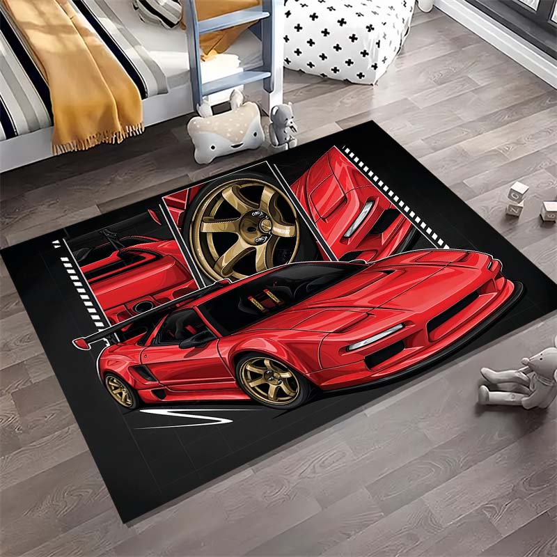 Red JDM Sport Car Comic Strip Frame Print Area Rug Non‑Slip Rectangular Floor Mat Car Fan Decor for Gaming Room Living Bedroom
