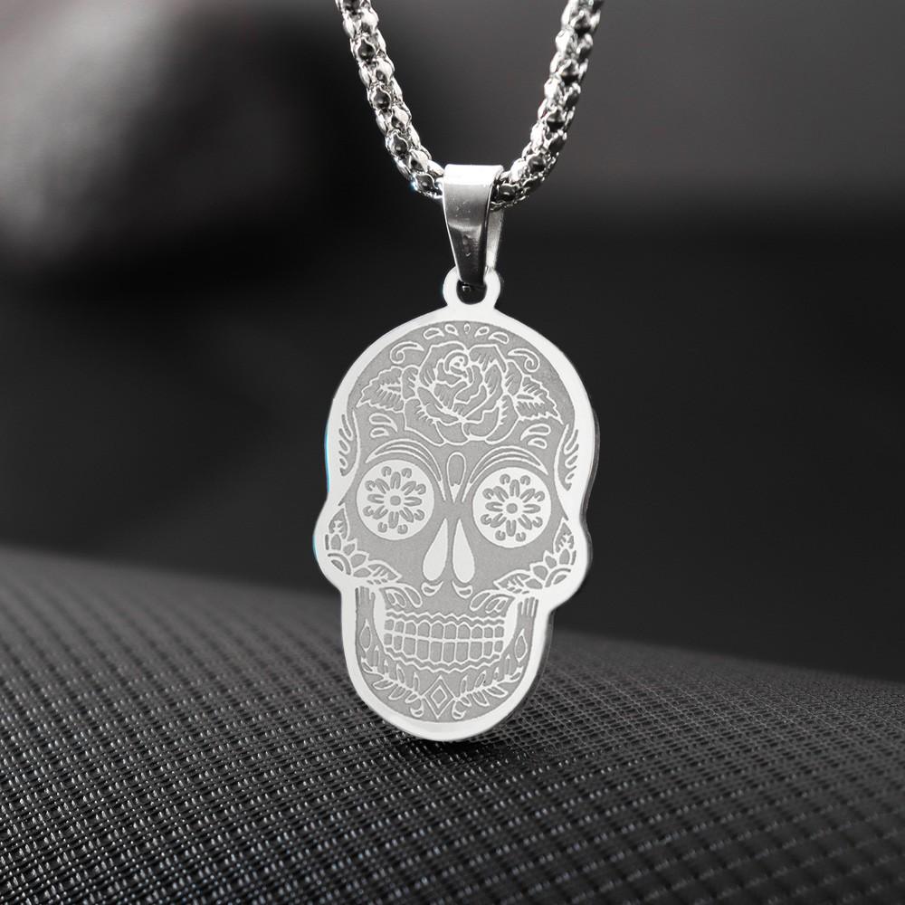 Fashion Pop Stainless Steel Flower Skull Pendant Necklace Skull Pendant Necklace Holiday Gift Accessories