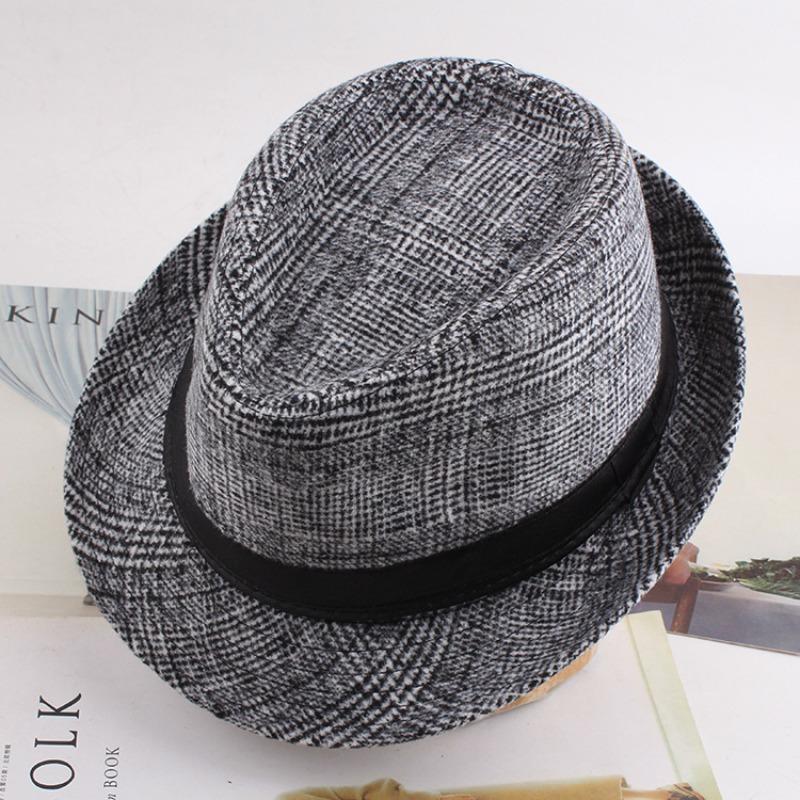 Autumn and winter men's top hat, Frannie plaid fabric warm middle-aged and elderly jazz hat casual top hat men's hat