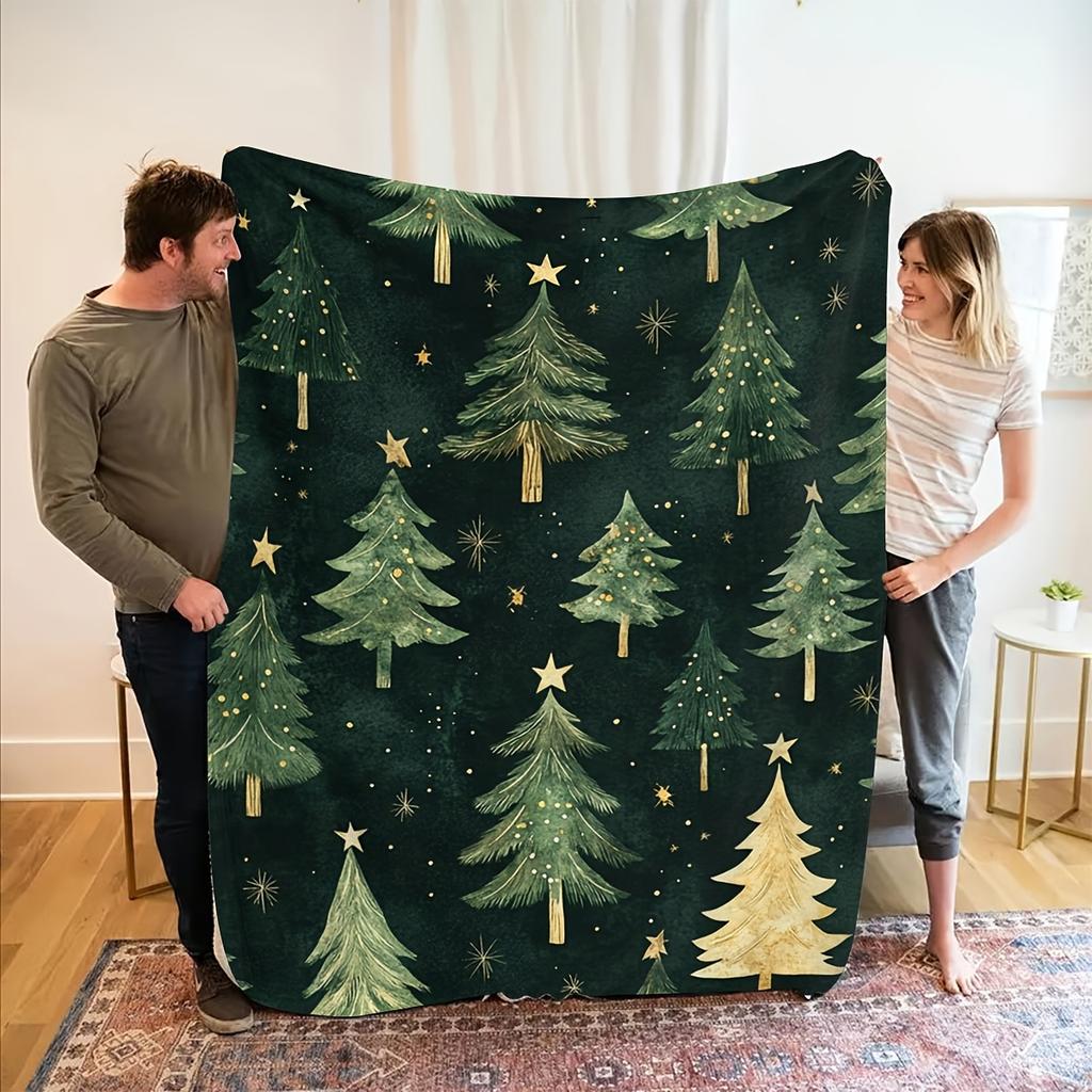 flannel blanket with a green Christmas tree pattern,soft and warm,suitable for sofa,beds and office,durable and multi-functional