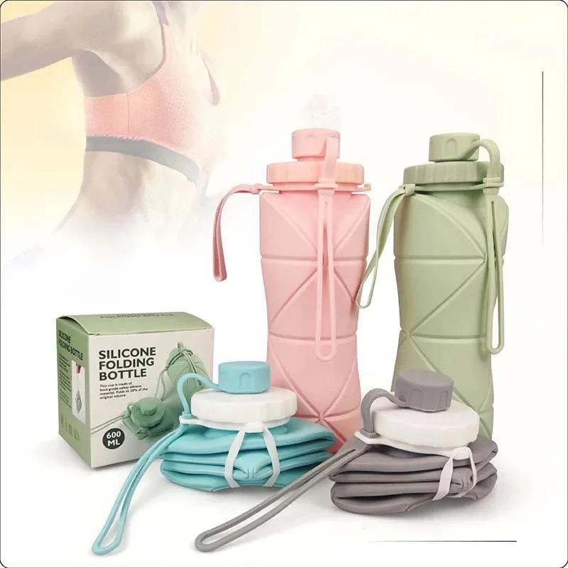 600ml Silicone Folding Water Cup Portable Reusable Plastic Bottle Outdoor Travel Gym Water Bottle Leakproof Anti-drop Drinkware