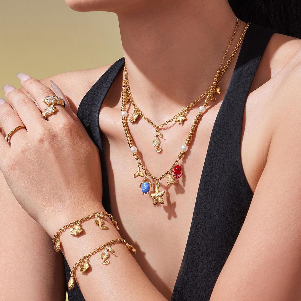 Ocean Style 18K Gold Plated DIY Enamel Jewelry Set with Zircon Seahorse & Starfish Pendants