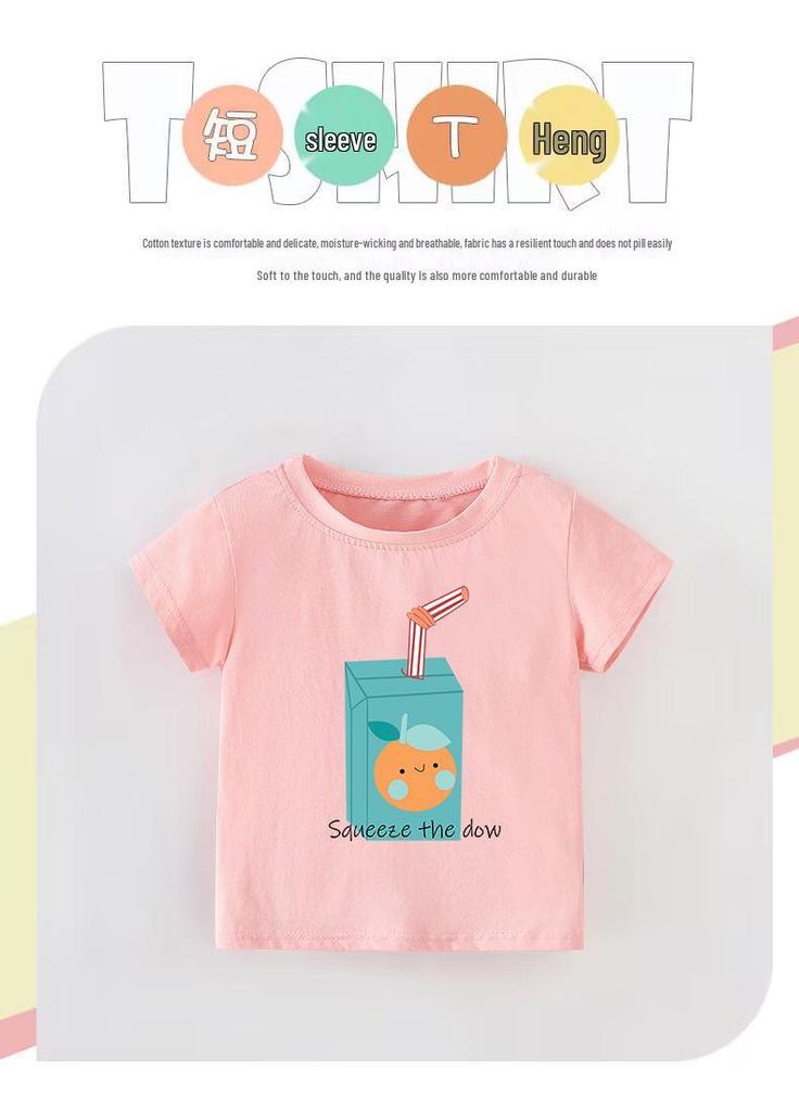 Girls' Summer Cartoon Print Round Neck T-Shirt