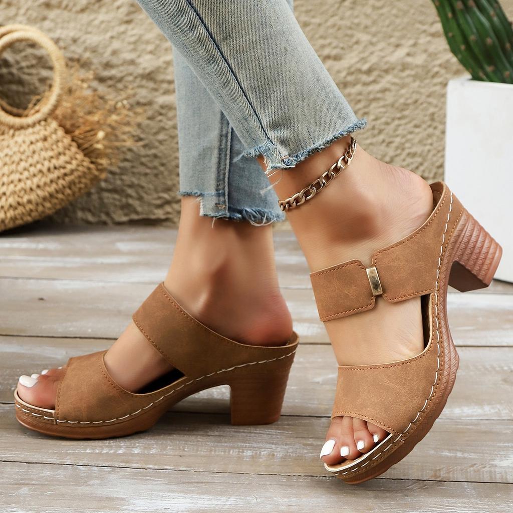 Lässige Zehensandalen mit hohem Absatz in Übergröße für Damen 2025 Sommer neu, kühlende Pantoletten mit dickem Absatz für den Strand