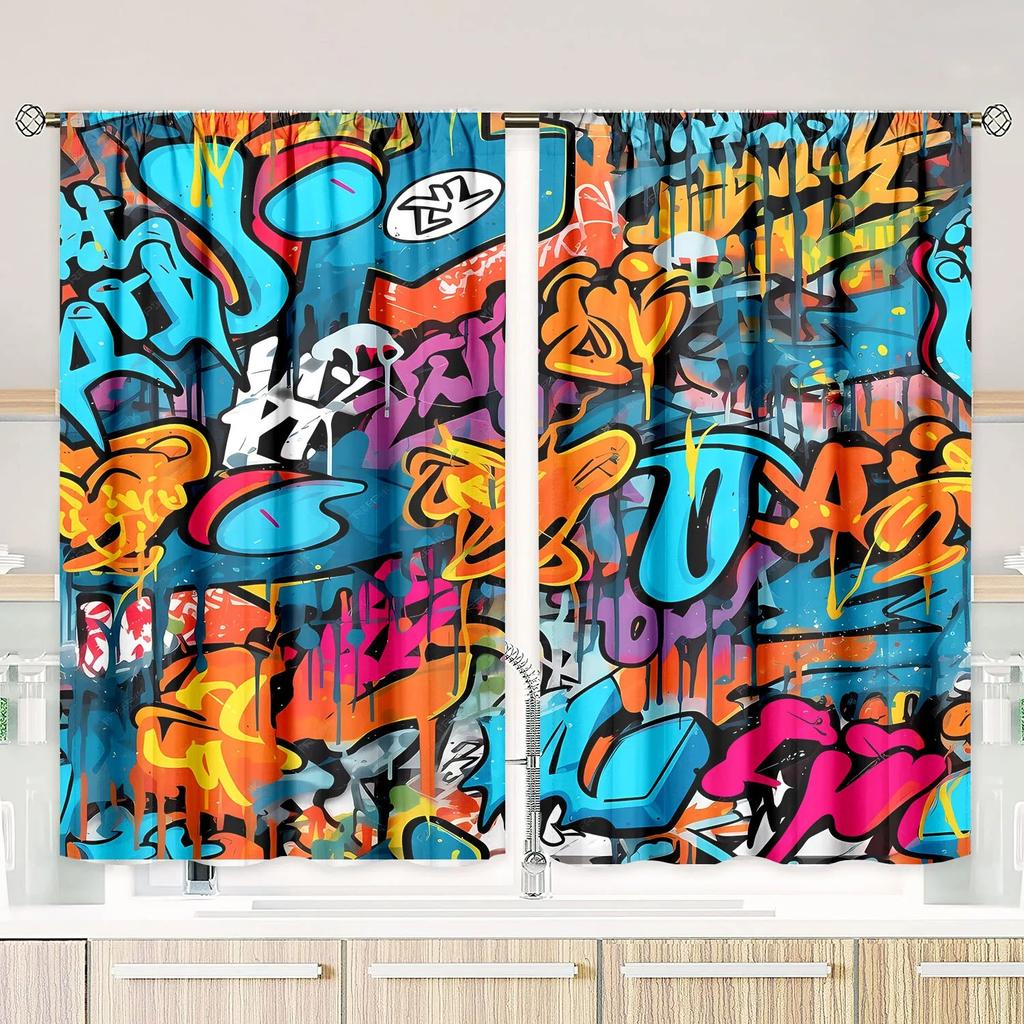 Set Of 2 Graffiti Art Print Curtain Design Window Drapes Living Room Bedroom Decor With Rod Pocket Polyester Perfect For
