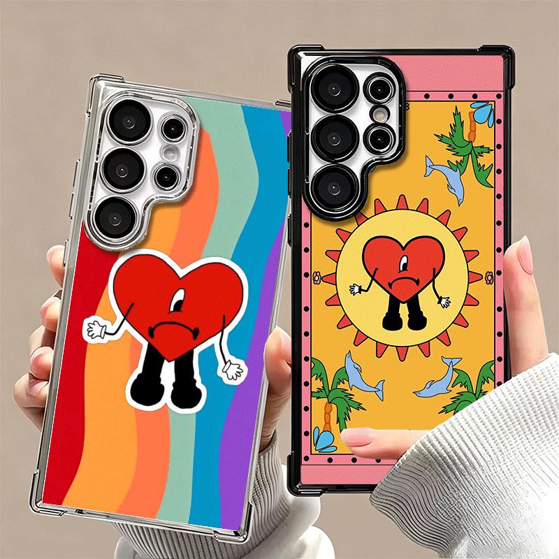 Bad Bunny Heart Plating Phone Case For Samsung Galaxy S24 S25 FE S26 Edge S23 Ultra S22 S21 Plus S20 Anti-Fall Airabag Cover