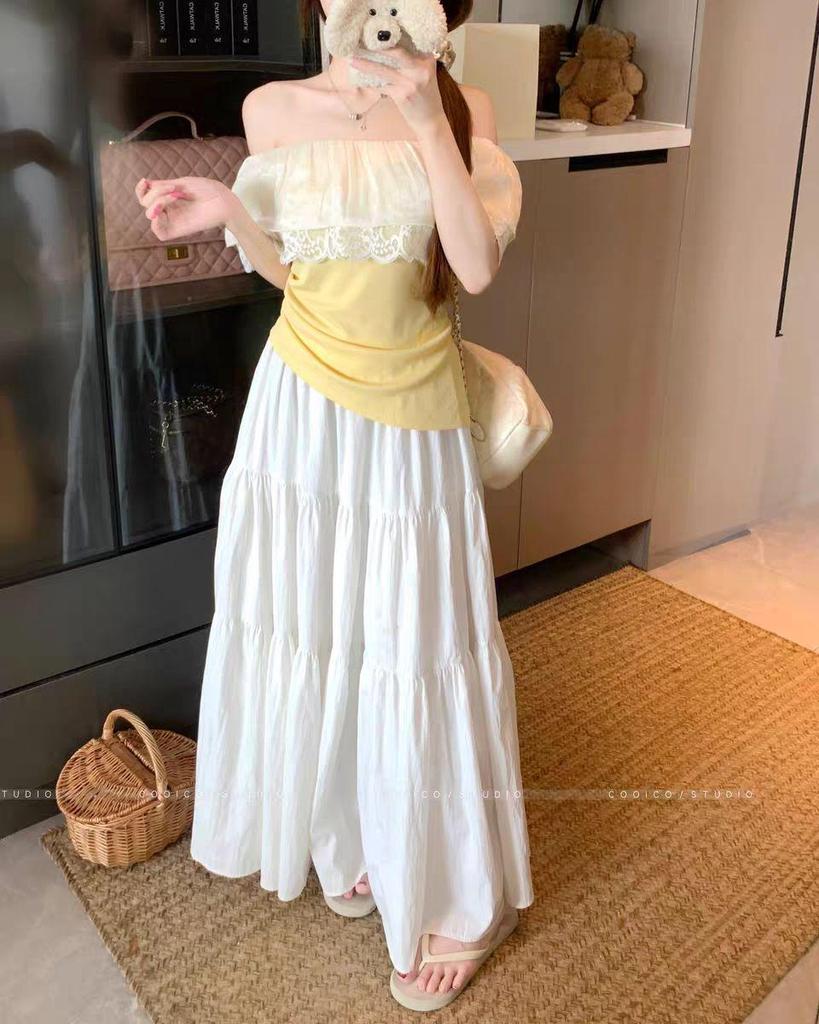 Plus Size One-Shoulder Ruffle Lace Patchwork Top - Versatile, Slimming T-Shirt for Women