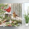 GAERed Birds Shower Curtains Snow Winter Berry Snow Tree Branch New Year Christmas Bath Curtain Set Cloth Bathroom Decor with