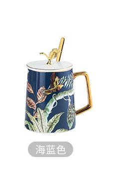 Golden Edged Ceramic Mug Spoon Lid Flower Bird Breakfast Cup Large Capacity Water Cups Coffee Cup Milk Tea Cups Flower Tea Mug
