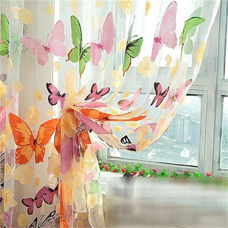 1Pc New Floral Butterfly Sheers Curtains Voile Tulle Door Window Curtain Valance