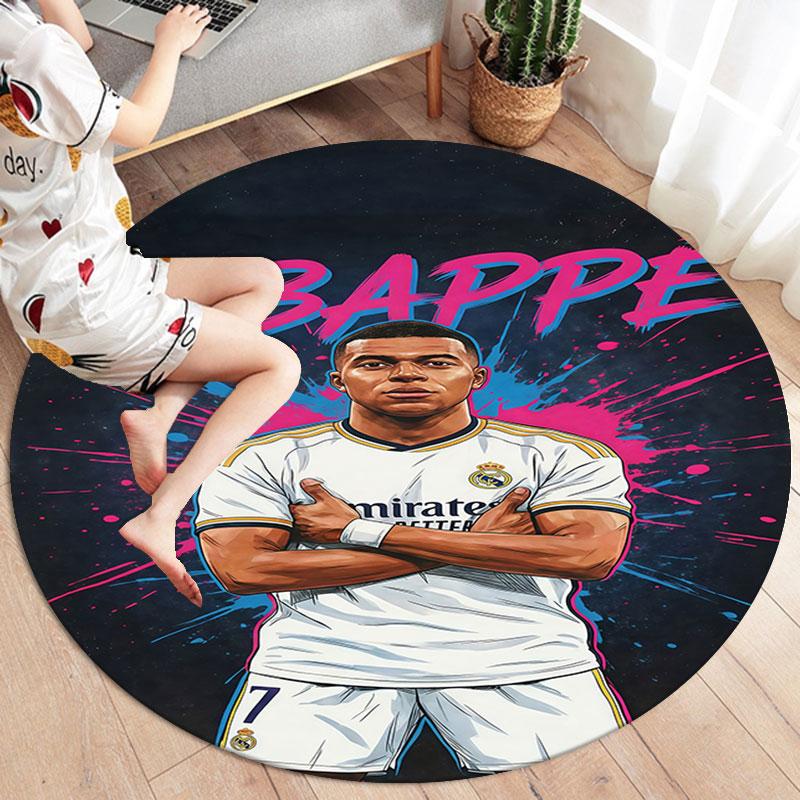 Kylian Mbappe Round Area Rug,Carpet Rug for Living Room Bedroom Sofa Playroom Decor,Non-slip Floor Mat