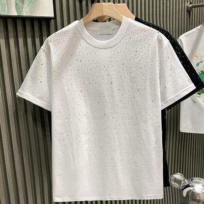 Summer Men T-shirt Rhinestone Decor Round Neck Loose Pure Color Short Sleeves Pullover Casual Mid Length Daily Wear Sport Top