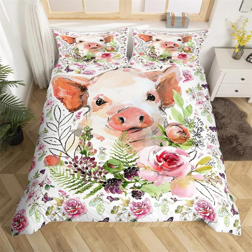 Comforter Cartoon Cute Pink Pig For Children Boys Girls Microfiber Pigs Floral Cartoon Farm Animals Theme Bedroom Decorations