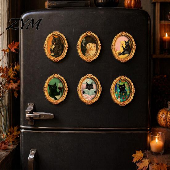 Magnetic Halloween Decorations 1/6Pcs Oval Frame Fridge Magnet, Wooden Vintage Retro Magnet Decor Refrigerator Kitchen Decoration Accessories,