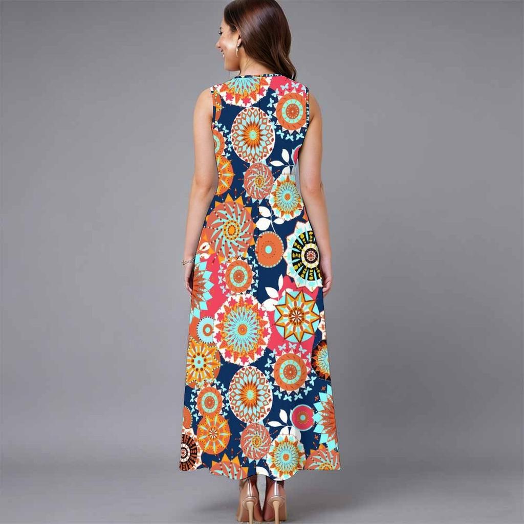 Ladies Plus Size Sleeveless Crew Neck Dress Delicate Mini Floral Flowy Mid Length Gown