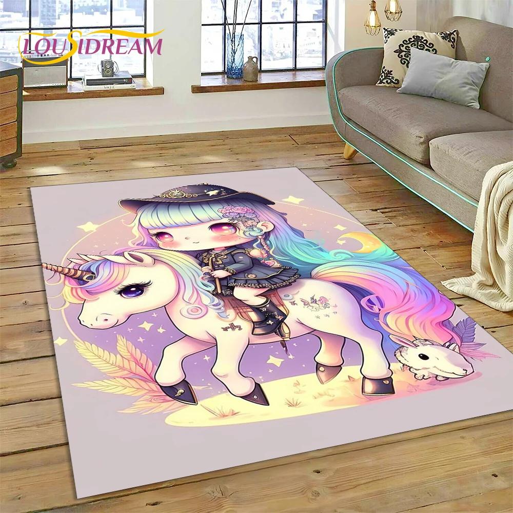 Dywan z kreskówkową, uroczą, jednorożcem, prezentem, dywanem do domu, salonu, sypialni, sofy, wycieraczką, dywanikiem do zabawy dla dzieci, antypoślizgową matą podłogową