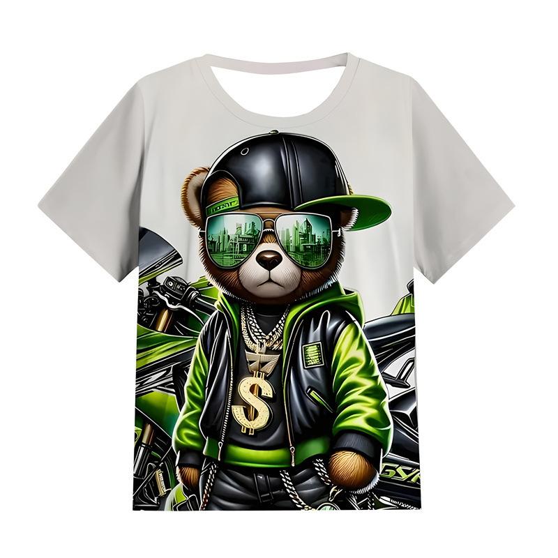 Summer Round Neck Cute Bear Graphic 3D Print Top Fashionable Casual Short Sleeved Men's T-shirts