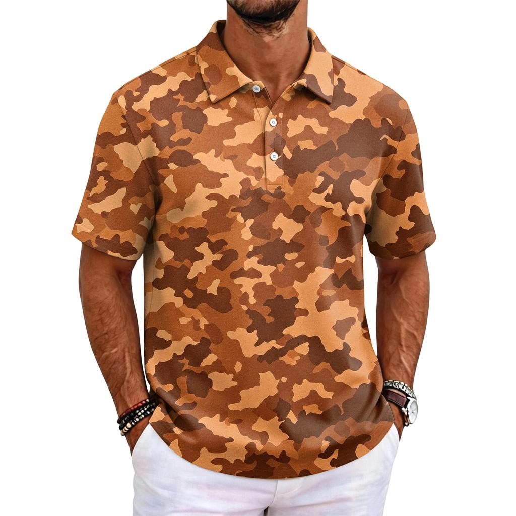Men's Camouflage Polo Shirt Slim Fit Short Sleeve Business Casual Collar Buttoned Front Breathable Fabric Lightweight Design