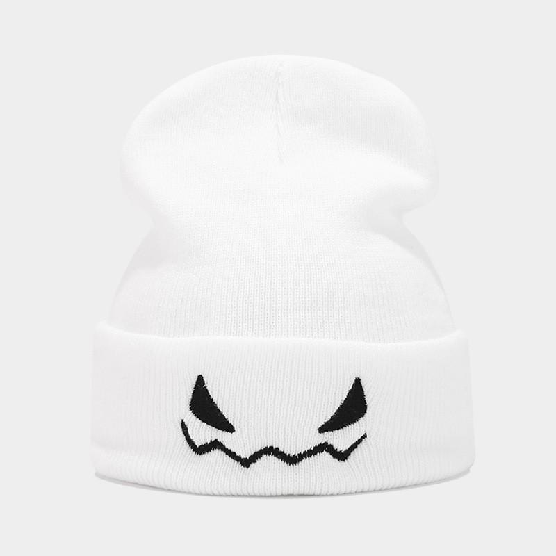 Halloween Pumpkin Demon Embroidered Orange Knit Beanie Unisex Fun Novelty Hat