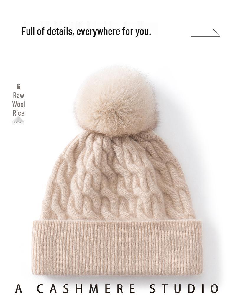 Women's 100% Cashmere Pompom Hat - Versatile, Solid Color, Folded Brim with Warm Ear Protection