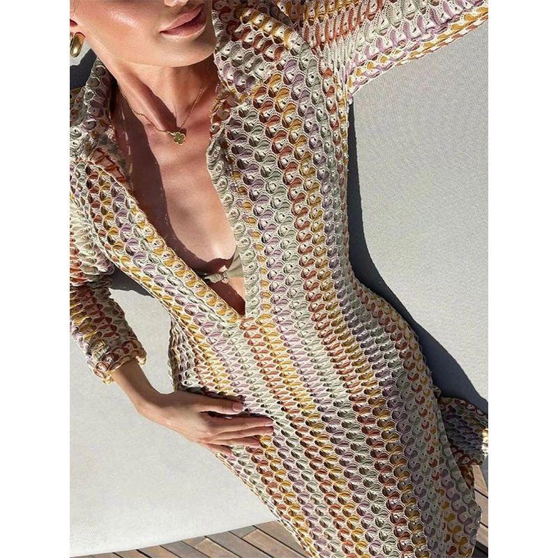 Crochet Cutout V-neck Slit Dress Fashion Hook Flower Hollow out V-neck Split Long Dress